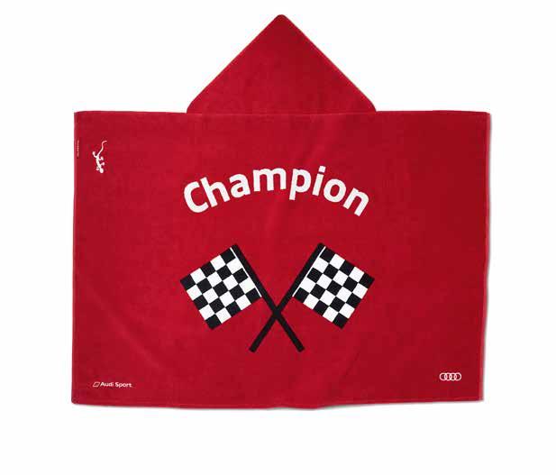 Baby s bath towel A high-quality, fluffy towel with sewn-in hood, with velour on the outside and absorbent terry towelling on the inside. Printed with chequered flags and the word Champion.