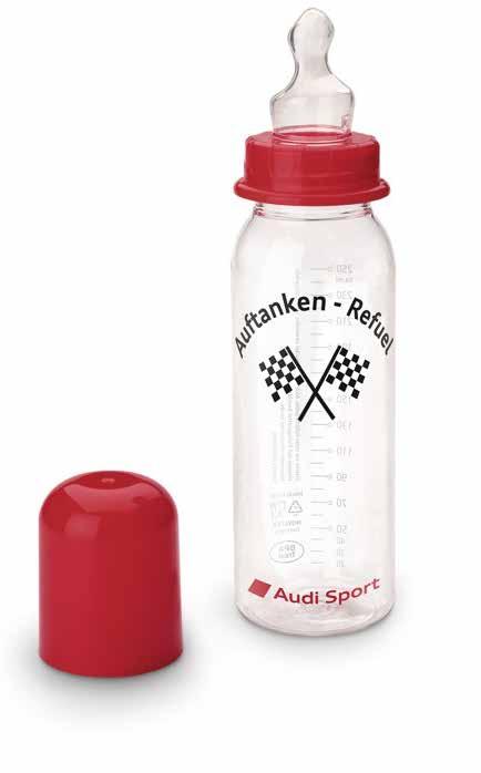 This high-quality Audi drinks bottle features an exclusive Audi Sport design and a silicone teat. Suitable for babies aged 6 18 months. Dishwasher safe. Capacity of approx. 250ml.