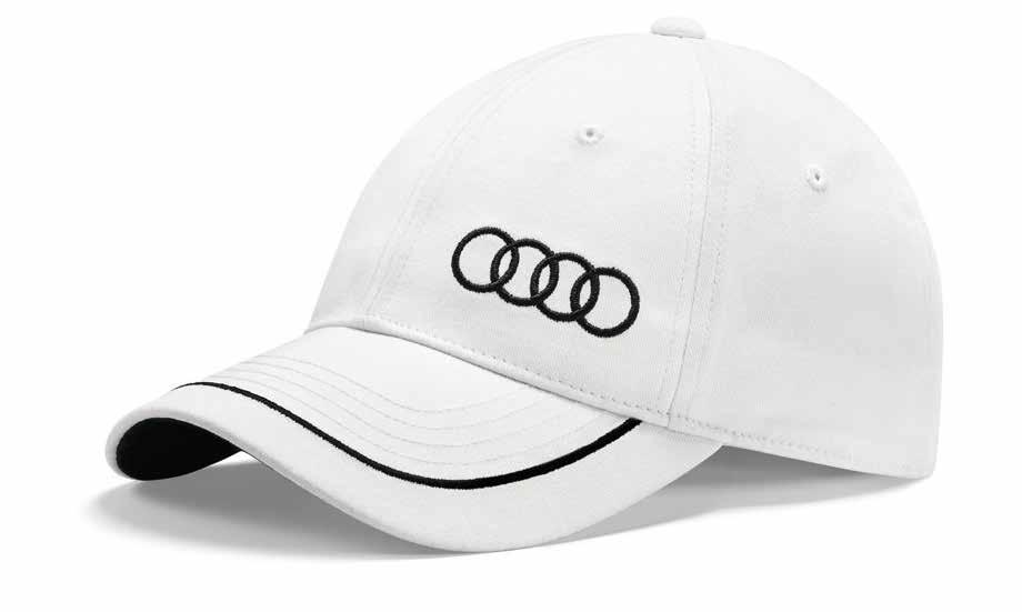 The Authentic Audi Unisex baseball cap Authentic Audi headwear. Featuring embroidered Audi rings, cotton lining and metal clasp engraved with the Audi rings. Available in black, white and red.