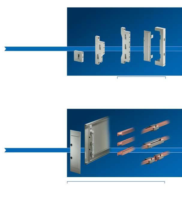 Overview of busbar system components Busbar systems up to 800 A The busbars are inserted into the two-piece support. Inserts are used to prepare the busbar supports for the flat copper bars required.