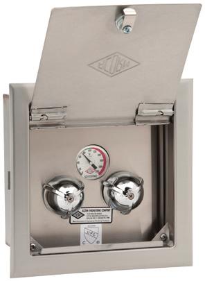 The exterior of the box includes mounting clips for anchoring the box to the wall. The removable wall flange is 16 gage, type 304 stainless steel and includes a door with a cylinder lock.