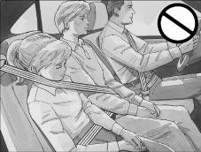 {CAUTION: Never do this. Here two children are wearing the same belt. The belt can t properly spread the impact forces. In a crash, the two children can be crushed together and seriously injured.