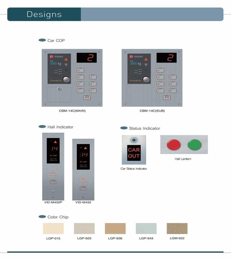 Car elevator Designs Colors LGP-015 LGP-923 LGP-928 LGP-943 LGP-922 COP CBM-14C(MAIN) CBM-14C(SUB) Hall Indicator Status Hall Lantern