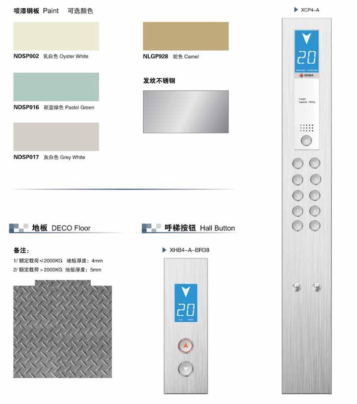 Freight elevator Elevator Fixtures Car Wall Colors COP NDSP002 Oyster White NDSP016 Paster Green Stainless Steel Hairline(Standard) NDSP017 Grey White NLGP928 Camel Floor Hall Button Remark 1/ Load