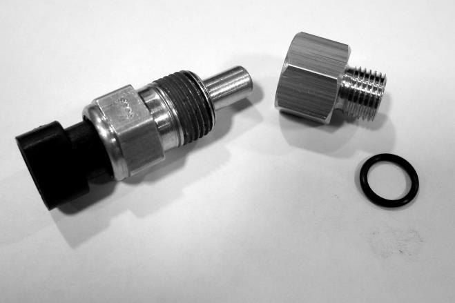Oil temp sensor, adaptor bushing, and o-ring EVO temp sender assembled Twin Cam Engines The supplied oil temperature sensor replaces one of the oil pan plugs in twin cam engines, and