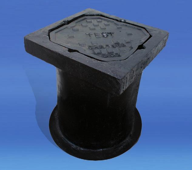 Heavy duty square head roadway test box, cast iron lids available in drop-in and locking. Paving risers available to raise box for resurfacing projects.