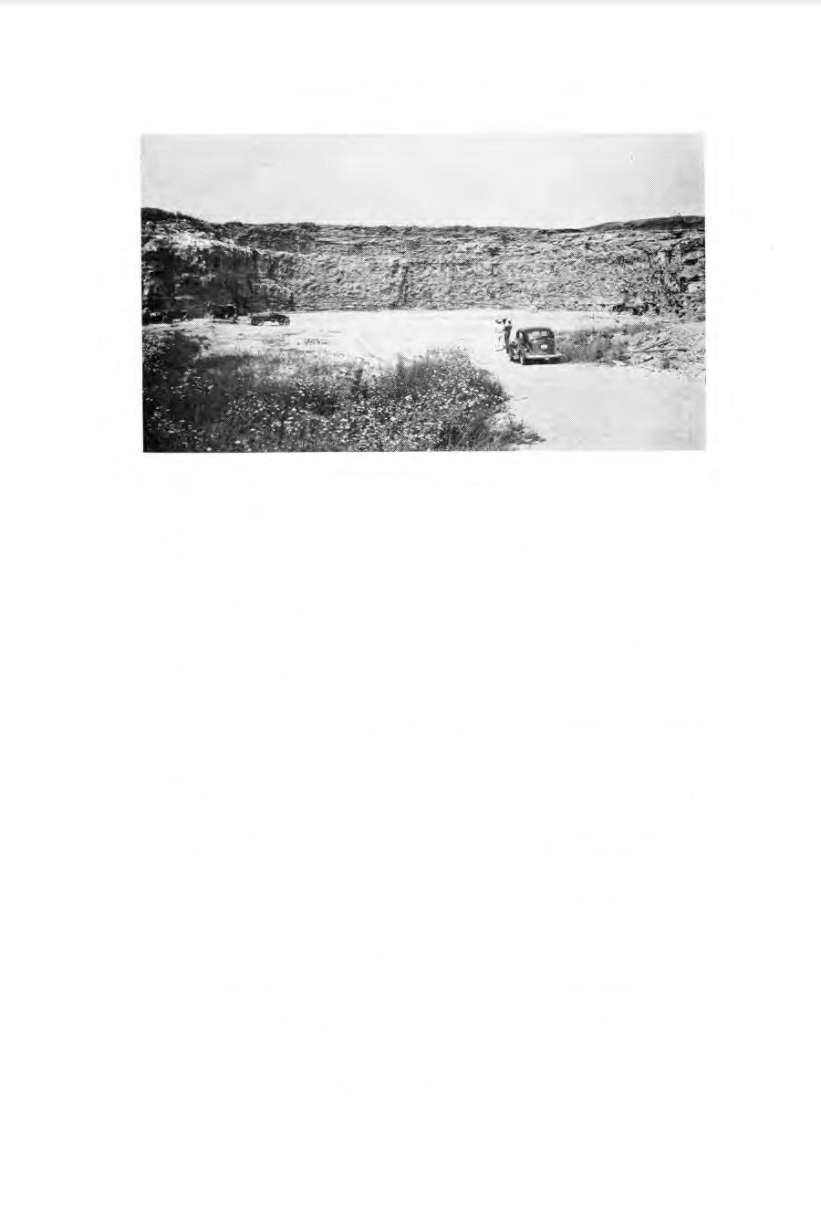 160 PURDUE ENGINEERING EXTENSION DEPARTMENT Fig. 1. A Washington County limestone quarry. Note the 60-foot face which facilitates and cheape