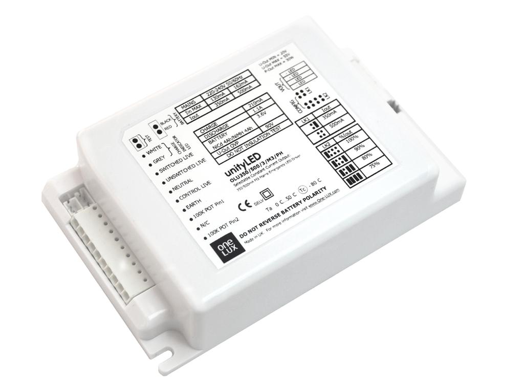 Unity-LED TM is a range of Maintained emergency lighting modules combining both mains and emergency drivers in a compact lowprofile enclosure and suitable for use in either internal or remote