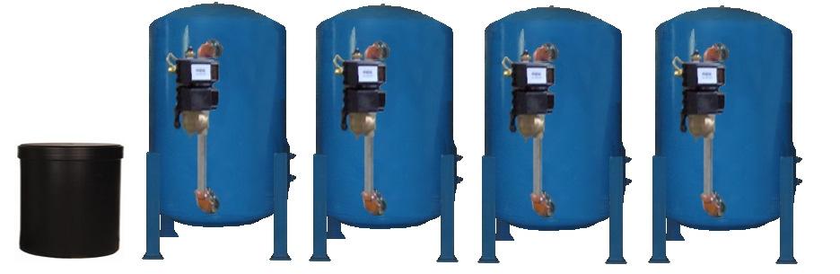 Side Mount Fleck (3 ) High Flow Steel Softeners VIP-IIE Control - 54 & 60 Spray Lined Quad Alternating or Parallel Alternating or parallel operation. No hard water bypass during regeneration.