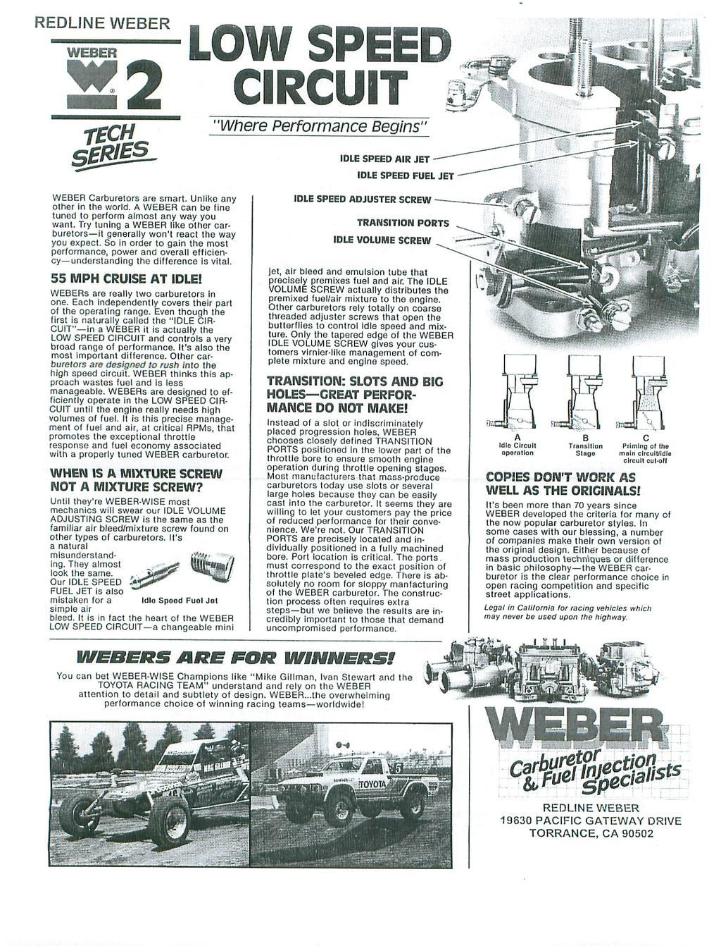 REDLINE WEBER WEBER LOW SPEED CIRCUIT "Where Performance Begins" IDLE SPEED AIR JET IDLE SPEED FUEL JET WEBER Carburetors are smart. Unlike any other in the world.