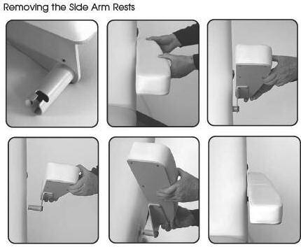 ADJUSTING THE ARMREST: It is recommended that the armrests be moved out of the way before having a client mount or dismount the table. The armrests are easy to move and manually adjust.