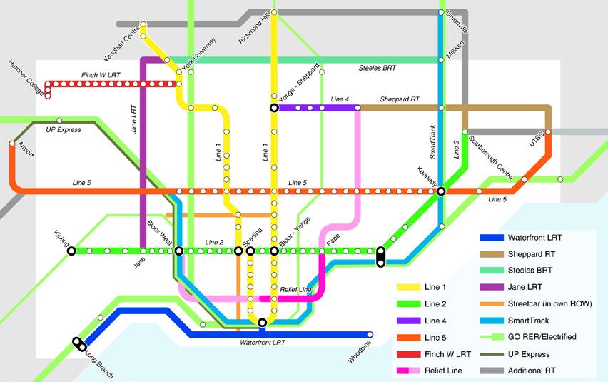 The 2013 "Feeling Congested?" draft comprehensive transit network comprised twentyfour proposed new transit projects that had been previously identified by the City, TTC and/or Metrolinx in the RTP 1.