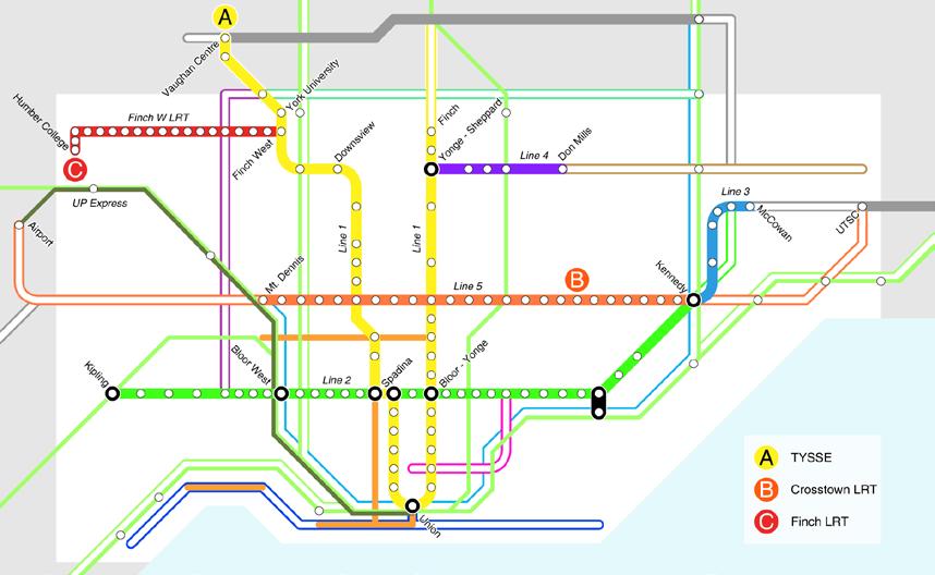 In the next 6 years, Toronto's transit network will include the Toronto-York Spadina Subway Extension (TYSSE), Eglinton LRT (Mt.