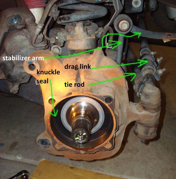 5) Now that the!@$# snap ring is removed, remove the 4 nuts on the backside of the steering knuckle and the hub can be pulled free and set to the side.