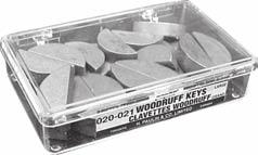 302 WOODRUFF KEYS CLAVETTES `WOODRUFF `Papco WOODRUFF KEYS are made from S.A.E. 1035 Carbon Steel. They are used on armature shafts of starters and generators, etc. Standard Package 25 Keys Stock No.