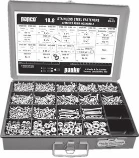 020-212 Contains 110 pieces - 8 sizes of Pan and Oval Socket 18.8 Stainless Steel Tapping Screws and 2 sizes of 18.8 Stainless Finishing Washers packed in a transparent plastic box.