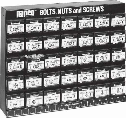`HANDY-PAK MERCHANDISERS PRESENTOIRS `HANDY-PAK Sturdy, Heavy Gauge, Reinforced Steel Use on Work Bench or Hang on Wall Colourful - Durable - Efficient Retail Prices on each Pak - Fastener Fact Chart