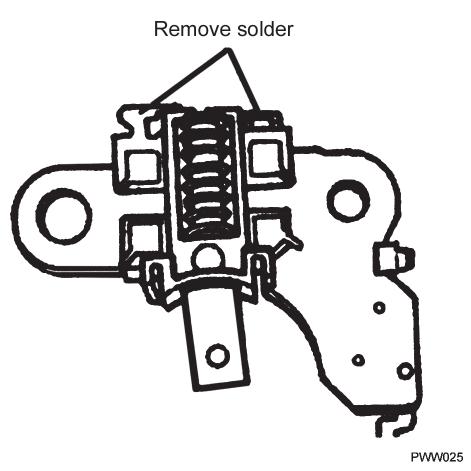 Removal and installation 19 9- Use a soldering iron to remove the solder from the rectifier and the stator leads, and then remove the IC regulator.