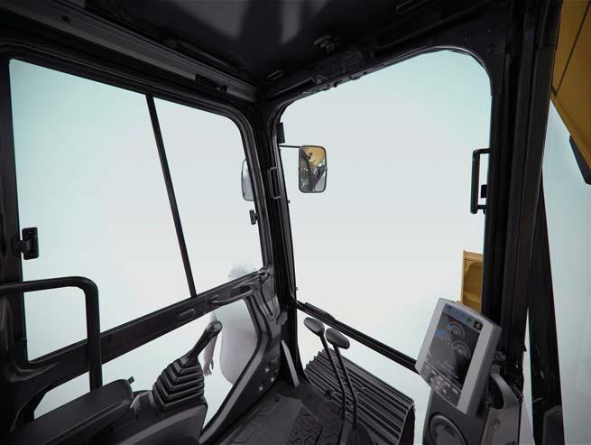 Storage spaces are located in the front, rear, and side consoles of the cab. A drink holder accommodates a large mug, and a shelf behind the seat stores large lunch or toolboxes.