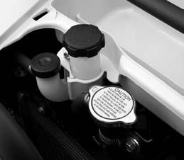 Engine Coolant Solution Level. Confirm the engine is cold and remove front access panel. 2. Put the vehicle on a level surface. 3. Remove the rubber cap of the reservoir. 4.