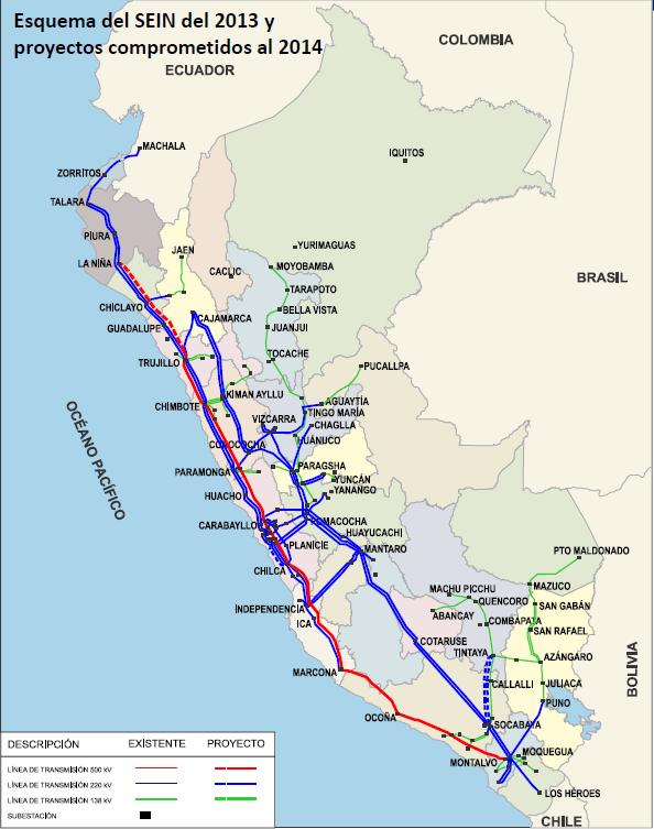 Figure 5-1: SEIN Transmission System as of 2014 The SEIN transmission system is geographically divided into three regions, i.e., North (from Chimbote to the northern end), Center (from Paramonga to Mantaro and Marcona) and South (from Cotaruse to the southern end).