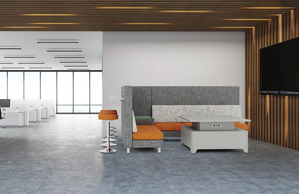 Junxion L-Shape Media Lounge Designed to accommodate group presentations within a relatively small footprint, the media lounge features rear work shelves that allow