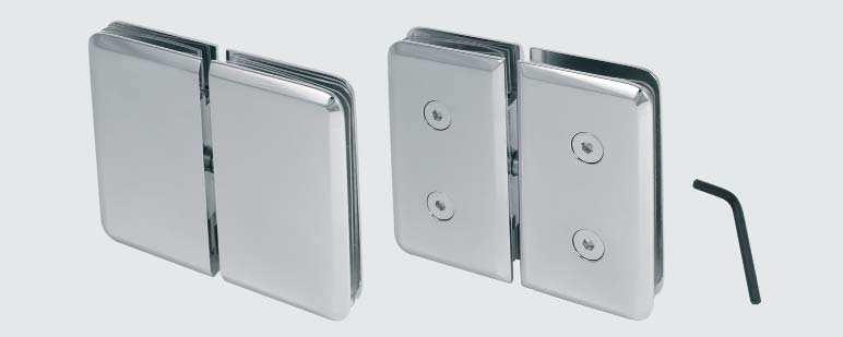 SHOWER DOOR HINGE LINZ W/CENTRE MOUNTING PLATE 1 hinge x 112 mm 1 mounting plate 61 x mm 2 fixing screws mm hex 2 transparent cushions 1,5 mm thickness 1 angle adjustment screws w/ mm hex 1