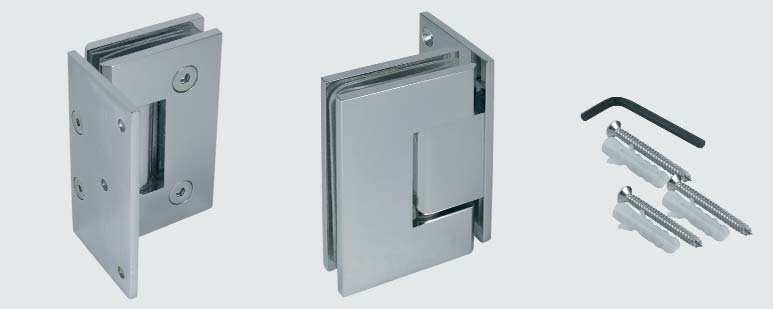 SHOWER DOOR HINGE TEX 1 hinge 90 x mm 1 mounting plate x 90 x 50 mm 2 hex screws mm 2 transparent cushions 1,5 mm thickness 2 screws w/2,5 mm hex 1 L-shaped