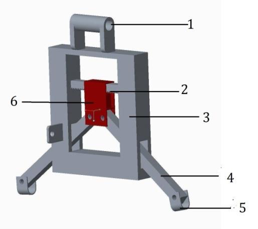 2.1.2. Modified stand Fig2.Modified stand 1. Pivot at vehicle frame 2. Rack and rack for balancing 3. Primary frame 4. Adjustable legs 5. Contact pads 6. Pivot for Actuator 2.1.3 Battery AN electric battery is a device consisting of one or more electrochemical cells that convert stored chemical energy into electrical energy.