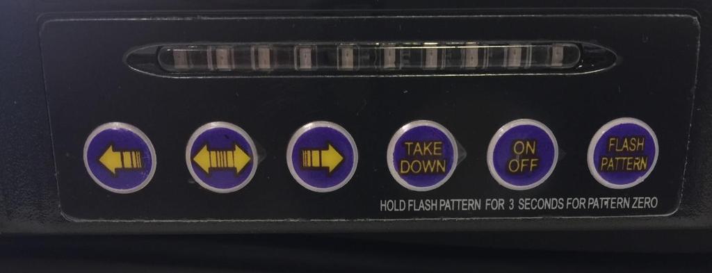 Control panel Located on the driver s side visor for ease of use On/off turns unit on and off by depressing button Take Down turns LED modules to a steady on mode (not flashing) or to flash mode by