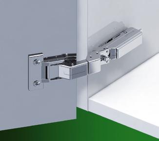 Tiomos M0 125 hinge (Door thicknesses of 6 to 10 mm) or door thicknesses of 6-10 mm No cup hole necessary 3-dimensional adjustment or door overlays of up to 25 mm Compatible with all mounting plates