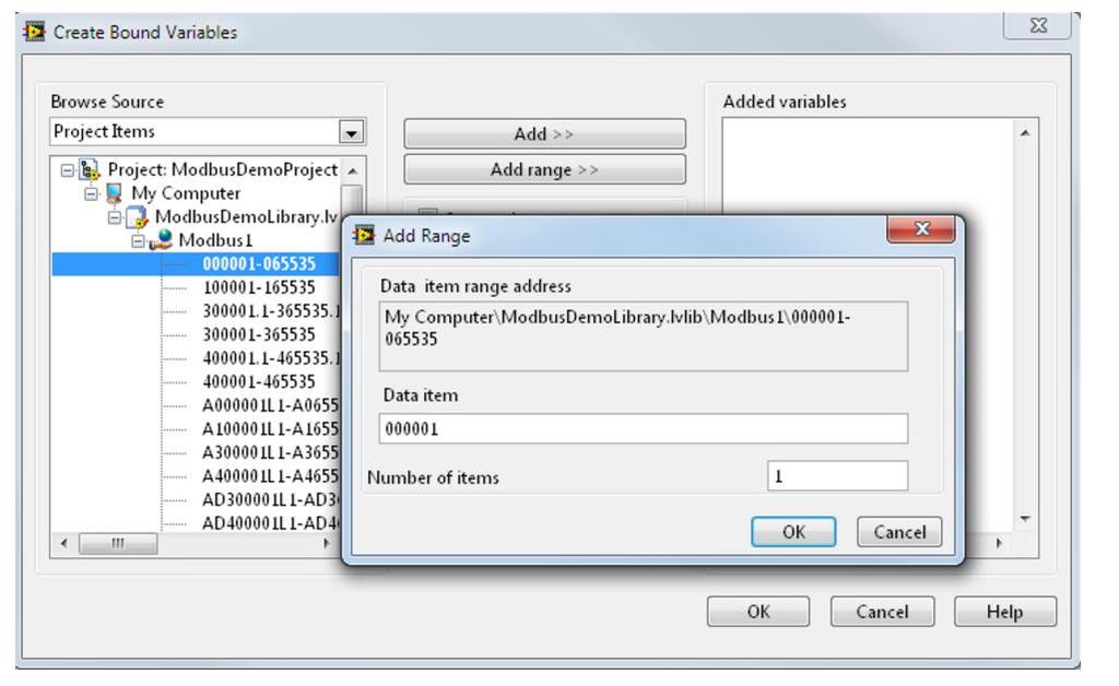 Figure 42 Select Modbus Addresses to Bind to Shared Variables In this, create shared variables bound to the Modbus addresses, giving you native access in LabVIEW to PLC data.