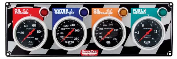 GAUGE PANELS Auto Meter Sport-Comp 3-Gauge Panel 61-0211 Panel features 2-5/8" diameter mechanical gauges for oil pressure, water temperature and fuel pressure, and accompanying warning lights.