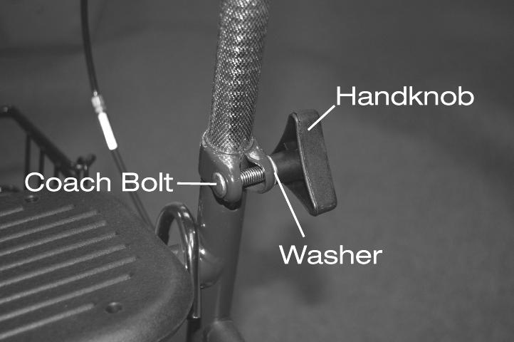 Insert the push handles into the frame and fit the coach bolt, washer and handknob as shown in the image.