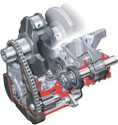 Engines Engine Balance Shaft The balance shaft gear used in the engine features the following: Balance shaft used to optimize engine vibrations Oil pump with wider gear Clean oil controlled pressure