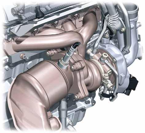 Engines Exhaust Turbocharger/Manifold Module To conserve space and improve performance and serviceability, the exhaust manifold and turbine housing have been combined into a single module.