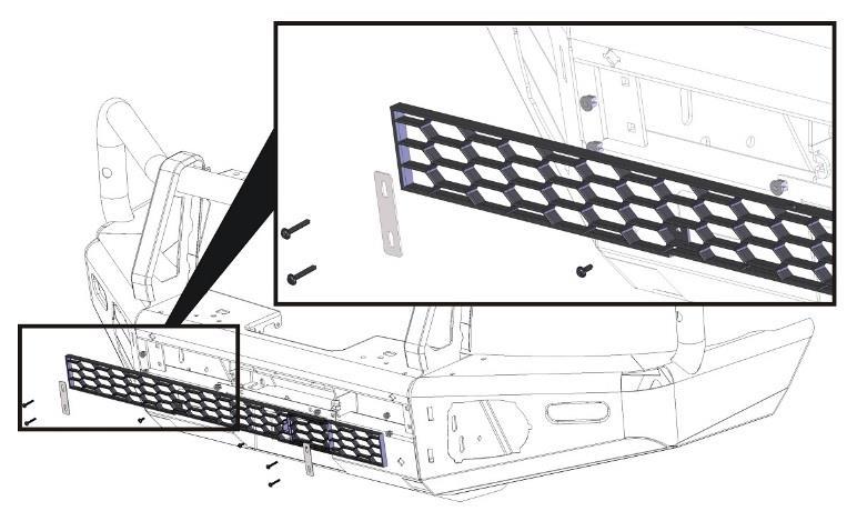 . Insert the 6 x plastic grommets into the 6 square holes in the front face of the bar. 5. Insert the grille into the bar so that the hatch is on your right hand side (facing the front of the bar). 6. Attach the grille to the centre of the bar using the short screws into the grommets fitted above.