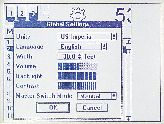 5.5.2 Global Settings This menu allows the user to set the units of measure, language, implement width, the volume of the alarm, screen settings (backlight and contrast), and
