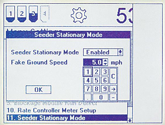 Using the Navigation Keys or the Selector Knob, highlight and select Seeder Stationary Mode. 2. Dialogue box will appear displaying status.