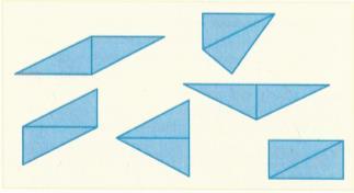 Primer dejavnosti: Liki z različnimi oblikami in isto ploščino Učenci izrežejo 6 pravokotnikov enake velikosti. Prerežejo jih po diagonali in dobijo trikotnike.