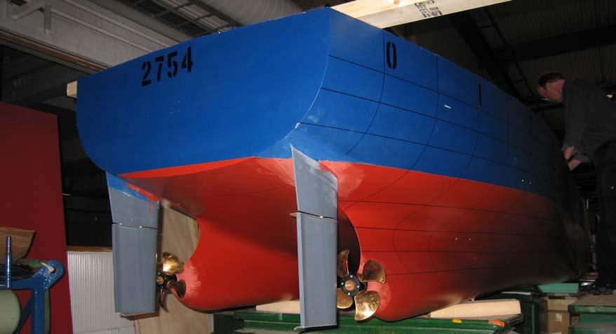 Figure 6 Aftbody of twin screw tanker where skegs, propellers and rudders can be seen. The aft azimuth thruster is located at centre line between the skegs.