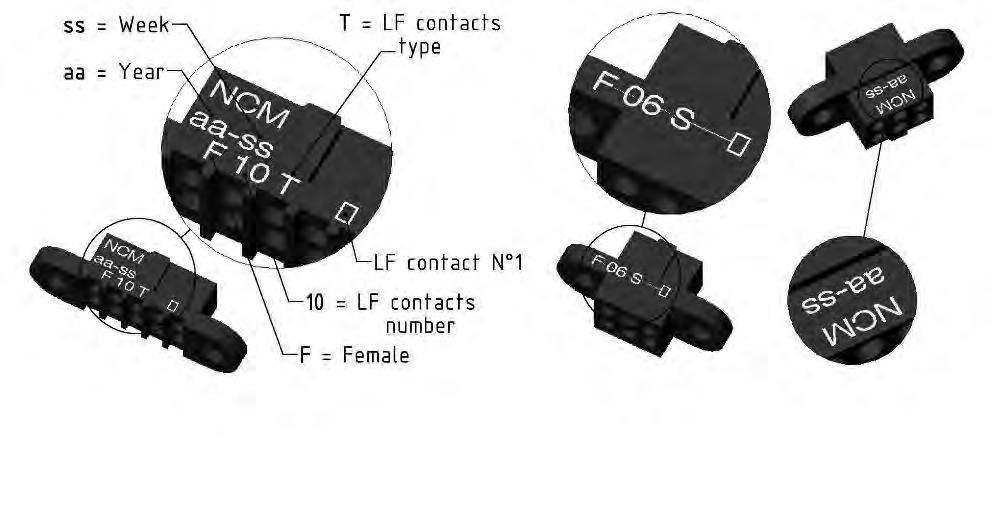 LF contact number 1 Marking 2 : NCM (Nicomatic) + date code (Lot number) : CMM 220 mixed layout (LF + HF/HP) (as for CMM 100/200)