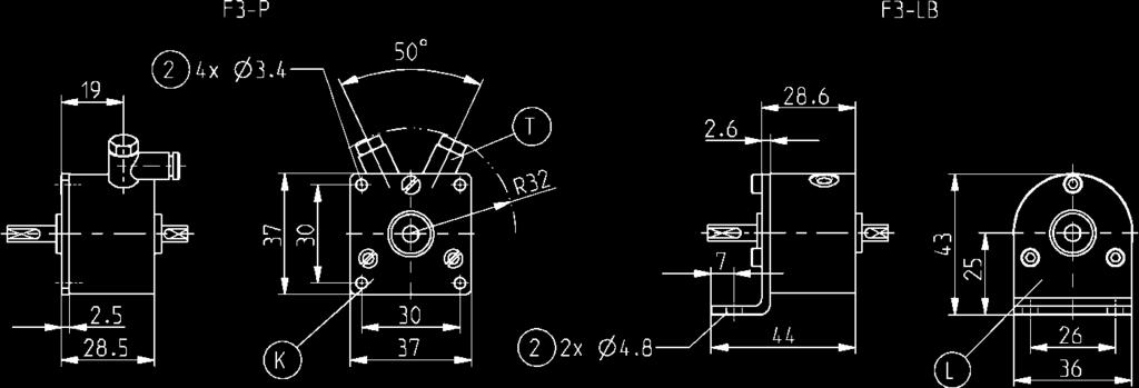 F3-P L D+Q Angle flange Order no. F3-LB Rotation limiter Order no.