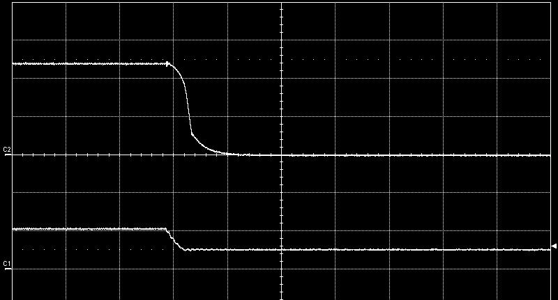 resistive load, V I = 53V. Top trace: output voltage (5 V/div.). Bottom trace: input voltage (5 V/div.). Time scale: 5 ms/div.
