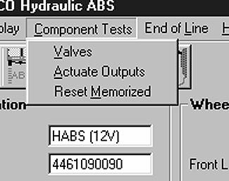 Component Tests Hydraulic Anti-Lock Brake System Select Component Tests from the HABS Main Menu. A pull down menu will appear.