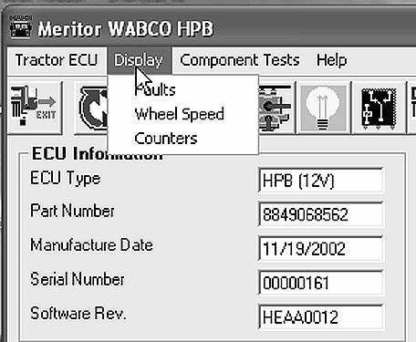 Tractor ECU Hydraulic Power Brake System Select Tractor ECU from the HPB Main Menu. A pull down menu will appear.