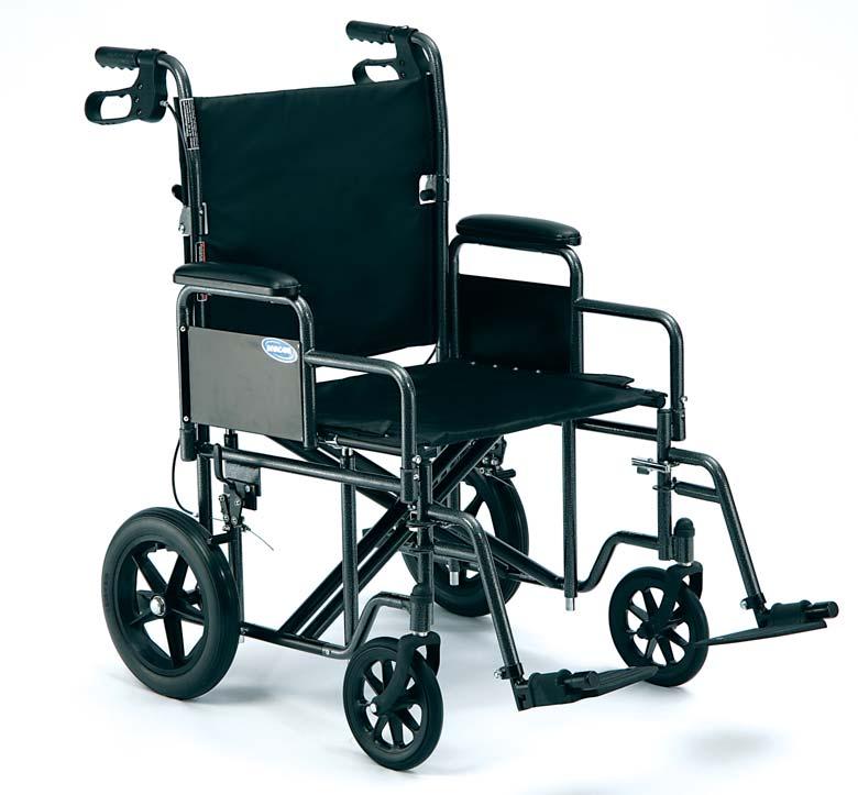 Invacare IVC Heavy-Duty Transport Chair 12" rear wheels with flat free tires Removable padded desk arms Carbon steel frame with dual crossbraces Swingaway footrest with aluminum footplates Flame