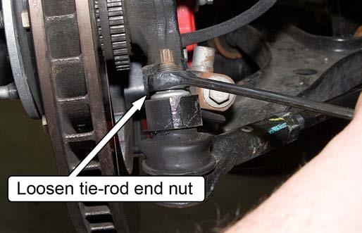 Loosen the factory jam nut securing the outer tie-rod end to the tie-rod. Read all instructions before beginning work.