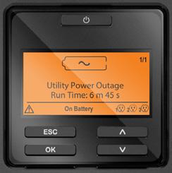 UPS status (scrolling) Output voltage Input voltage Output frequency Run time Load Battery health Control UPS and outlet group settings Bypass control Configuration Output voltage,