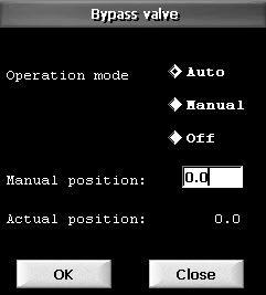 5. Press [OK]. Setting the operating mode of the bypass valve 1. Press [Operation]. 2. Press the icon for the bypass valve. 3. Select the operating mode: "Auto", "Manual", "Off". 4.